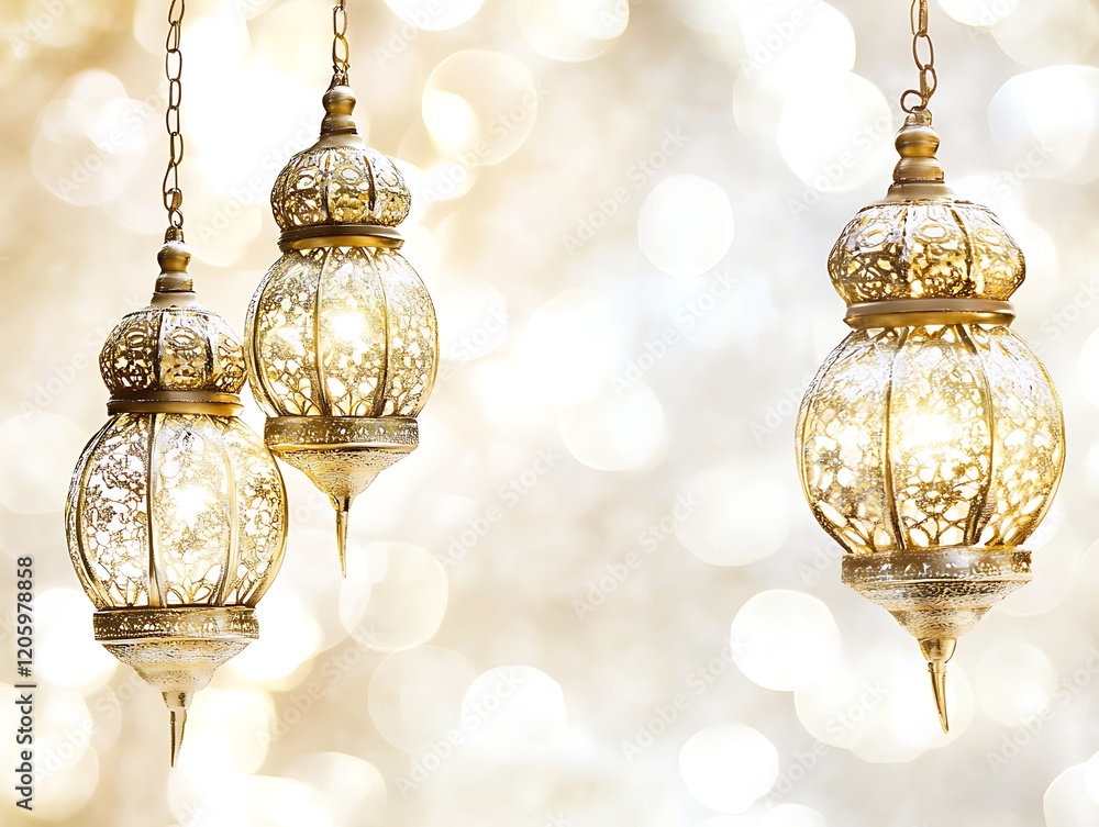 Elegant Golden Lanterns Hanging Against Soft Background Elegant Golden Lanterns Hanging Against Soft Background