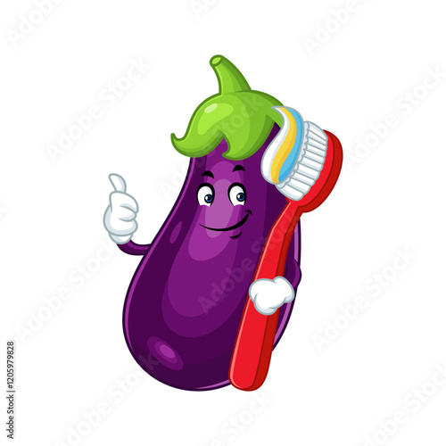 Eggplant cartoon character brushing teeth.