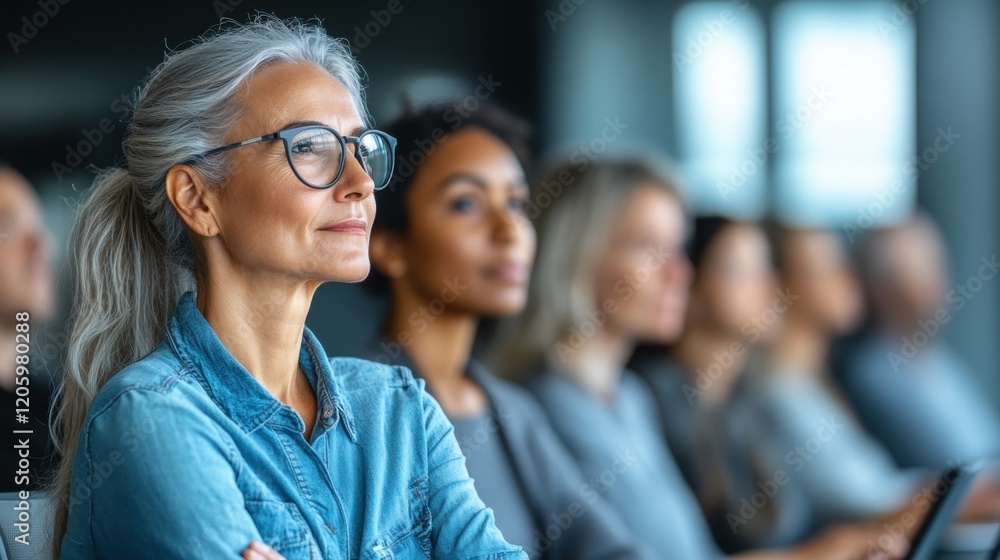 Thoughtful Woman Attending Seminar with Diverse Group of Attendees Thoughtful Woman Attending Seminar with Diverse Group of Attendees