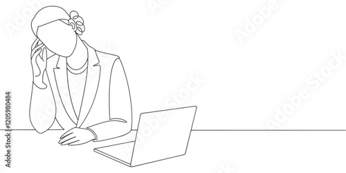 person working on laptop line art style vector illustration