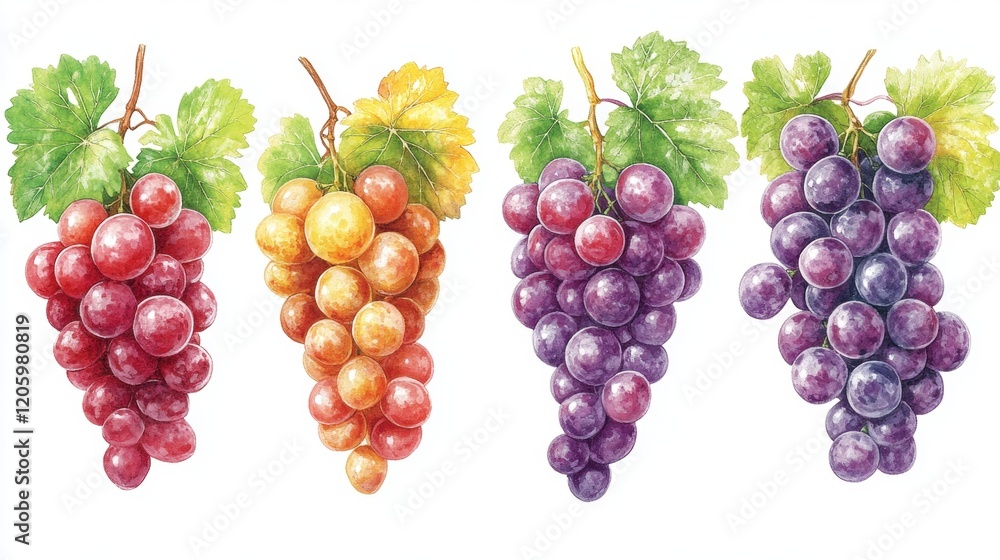 Diverse Grapes in Various Shades with Green Leaves Background Diverse Grapes in Various Shades with Green Leaves Background