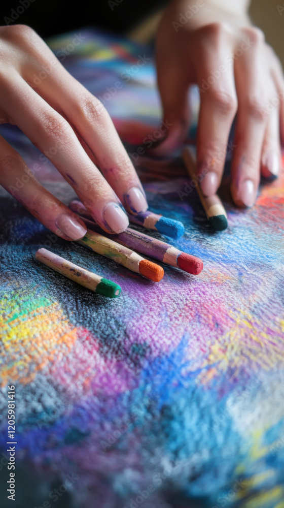 Obraz premium Creative process of drawing with pastel crayons on textured paper
