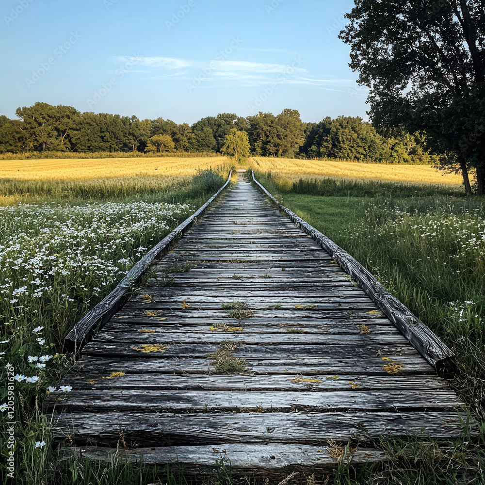 Obraz premium Wooden Bridge Through a Golden Field
