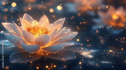 Glowing lotus flower in dark water.