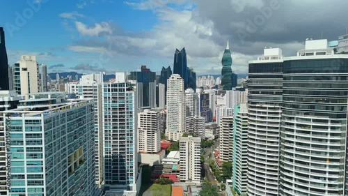 Aerial view of the Panama City skyline from the coastal strip on a sunny day at low tide, Panama.