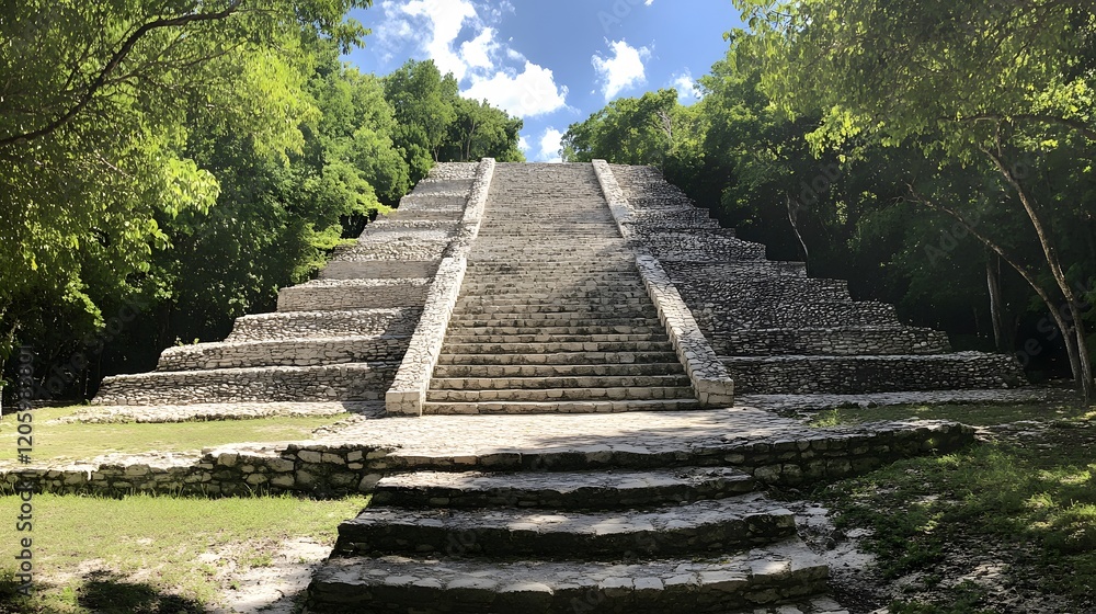 Ancient Stone Pyramid Steps Amidst Lush Green Forest Ancient Stone Pyramid Steps Amidst Lush Green Forest