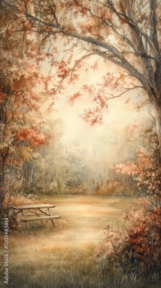 Fototapeta premium A serene autumn landscape featuring a picnic table surrounded by colorful foliage, illuminated by soft, diffused light.