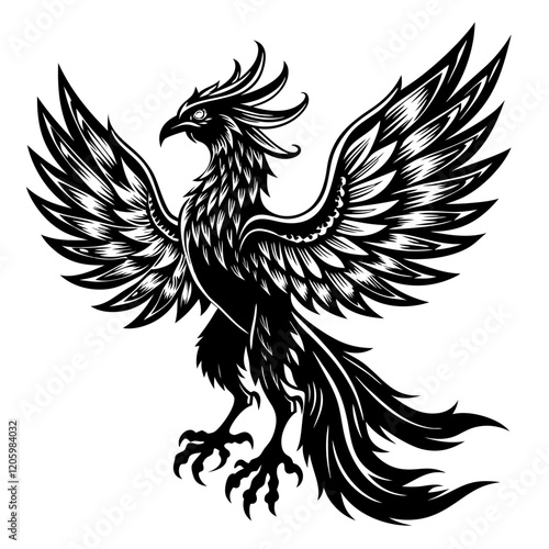 Intricate Phoenix Illustration with Elegant Detailed Wings in Black and White Style