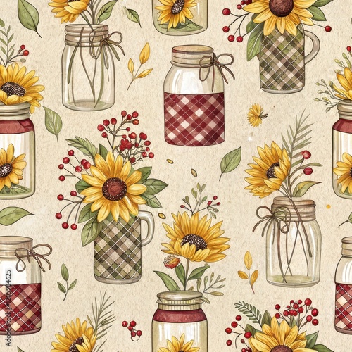 Autumn Sunflower Pattern Mason Jars Plaid Fall Floral Seamless Design