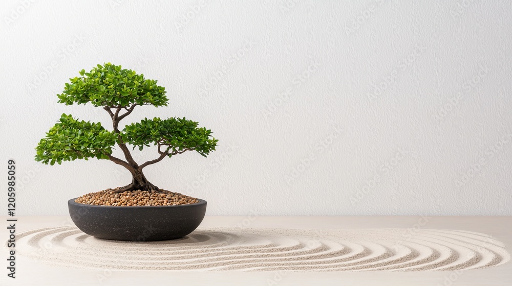 A serene bonsai tree in a minimalist pot, surrounded by gently raked sand, creating a calming and balanced atmosphere. A serene bonsai tree in a minimalist pot, surrounded by gently raked sand, creating a calming and balanced atmosphere.