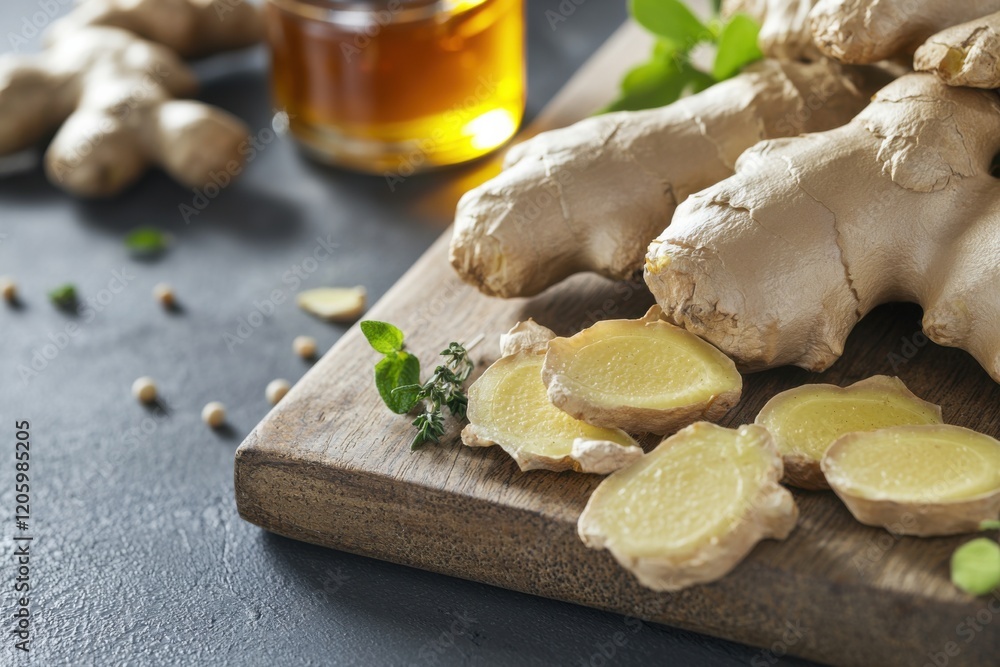 Fototapeta premium Fresh Ginger Root Slices on Wooden Cutting Board