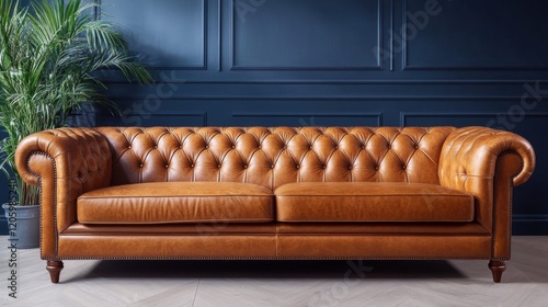 Elegant leather chesterfield sofa in a modern interior setting photo