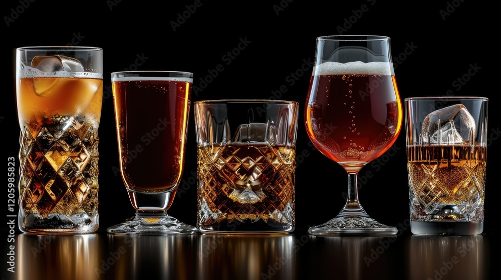 A collection of various glasses filled with dark beverages, showcasing different styles and shapes. A collection of various glasses filled with dark beverages, showcasing different styles and shapes.