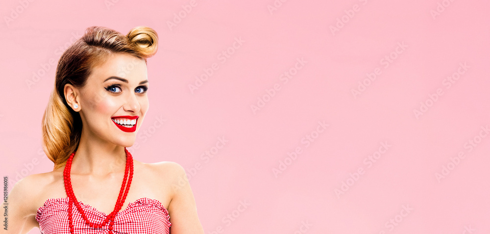 Portrait of happy excited smiling beautiful woman. Pin up blond hair cute girl at studio. Retro and vintage concept. Isolated rose pink color background. Wide banner composition image. Portrait of happy excited smiling beautiful woman. Pin up blond hair cute girl at studio. Retro and vintage concept. Isolated rose pink color background. Wide banner composition image.
