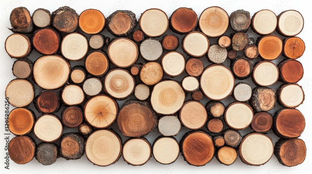 Natural Wooden Circles Arrangement on White Background Surface Natural Wooden Circles Arrangement on White Background Surface