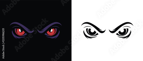 A silhouette of a dracula eyes On white background. A dracula eyes in purple & red.