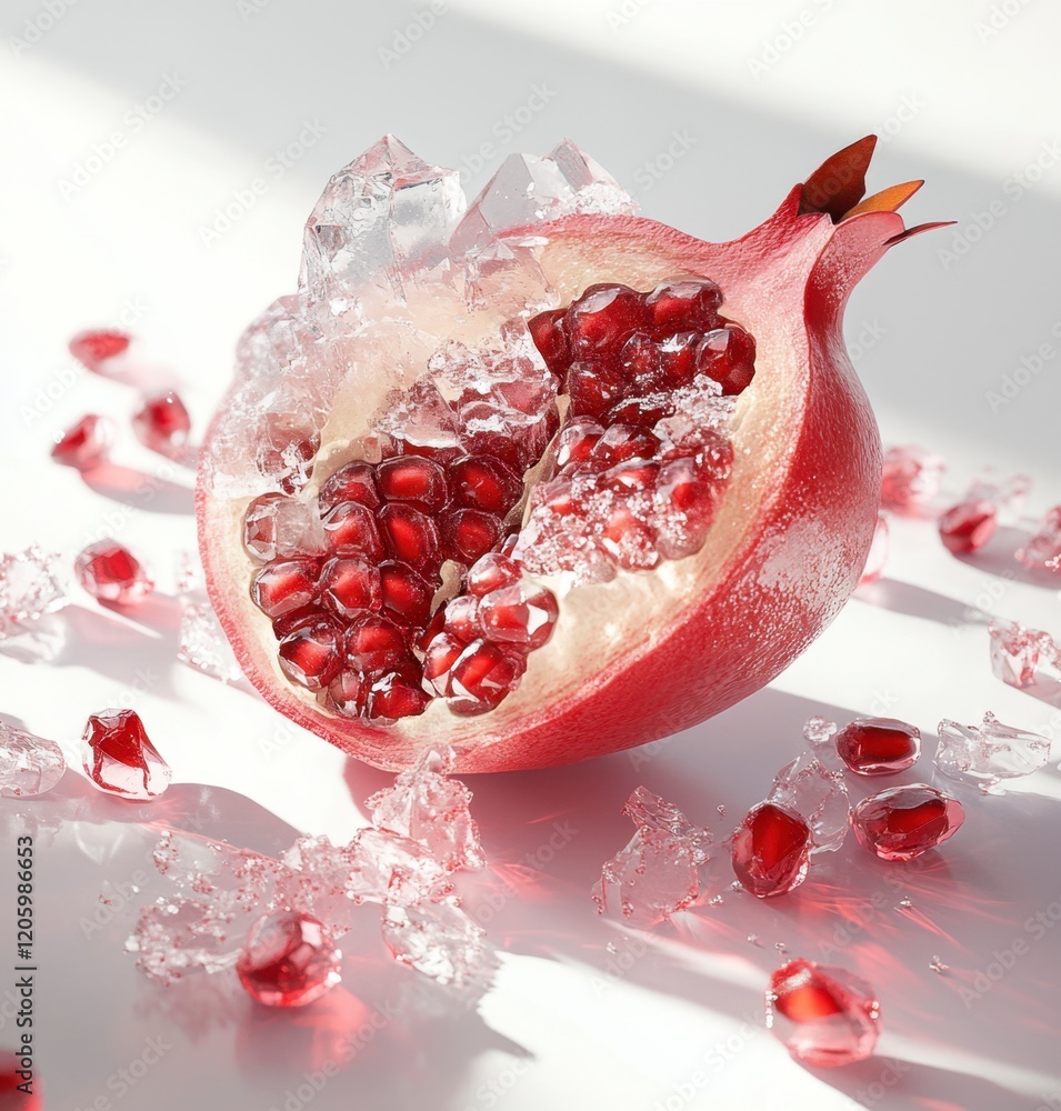 Frozen Pomegranate Jewel, Crystal Clear, Red Fruit, White Background Frozen Pomegranate Jewel, Crystal Clear, Red Fruit, White Background