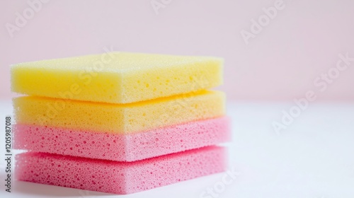 Stacks of sponges for cleaning on a gray background.