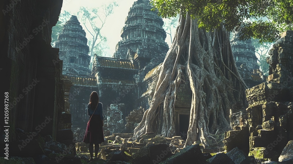 Fototapeta premium Woman Observing Ancient Temple Ruins Overgrown With Tree Roots