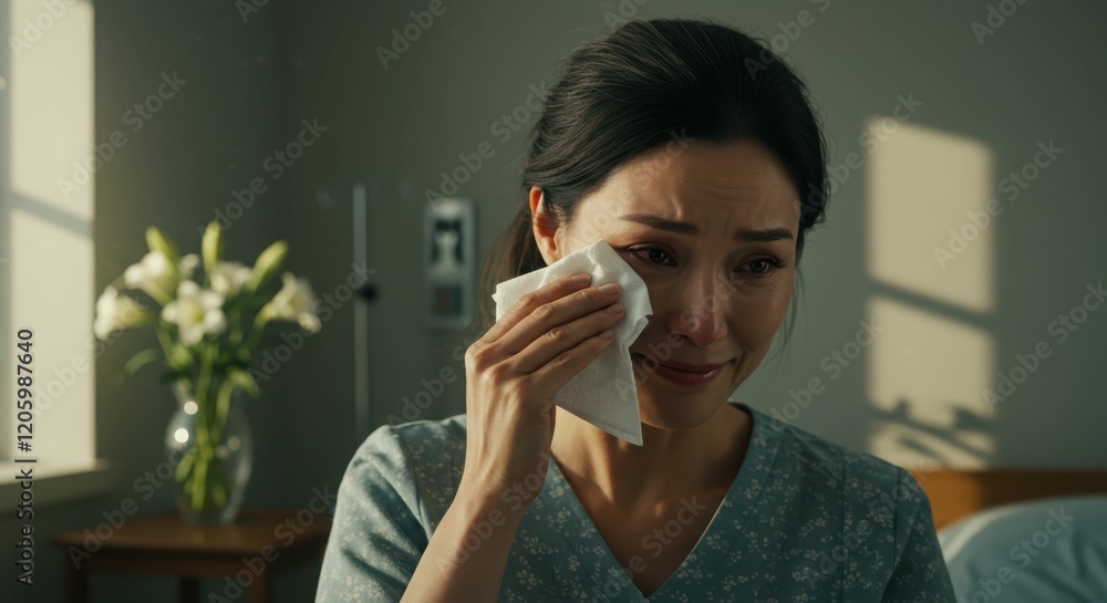 Asian female adult crying in hospital room with flowers in background Asian female adult crying in hospital room with flowers in background