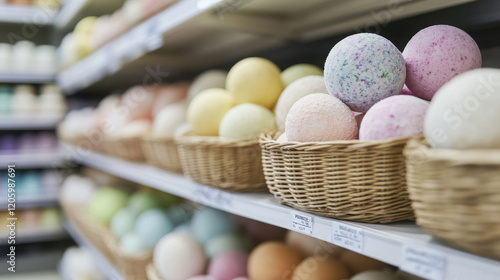 Colorful bath bomb display in store for aromatic relaxation and decor photo