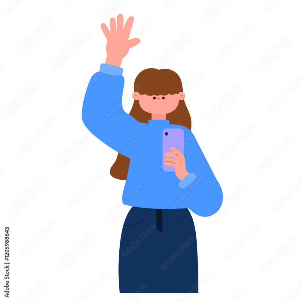 woman raising hand while holding smartphone flat vector illustration woman raising hand while holding smartphone flat vector illustration