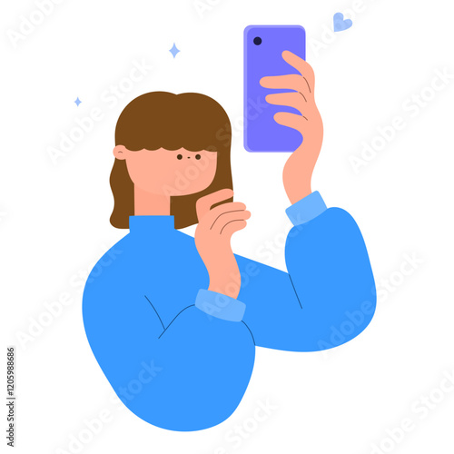 woman taking selfie with smartphone flat vector illustration