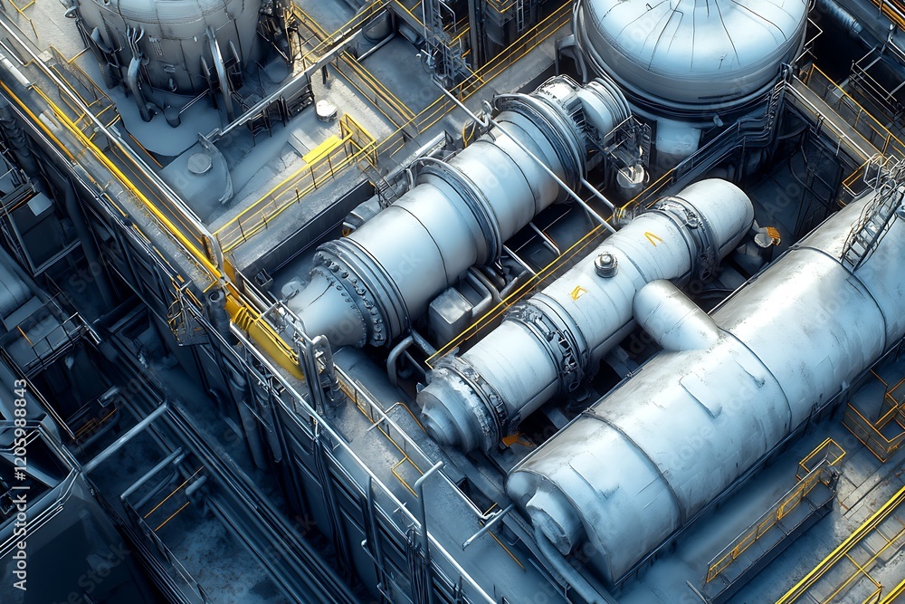Aerial view of industrial machinery and piping in a facility. Aerial view of industrial machinery and piping in a facility.