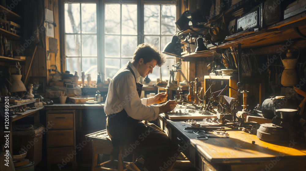 Slavic Silver Craftsman in Traditional Workshop with Sunlight Streaming Through Windows Slavic Silver Craftsman in Traditional Workshop with Sunlight Streaming Through Windows
