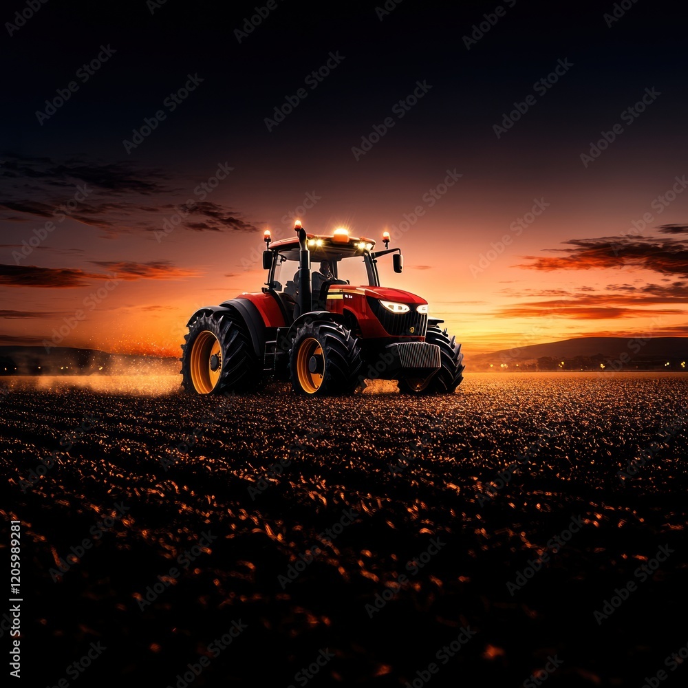 Fototapeta premium Tractor Driving Through Bountiful Crop Field Against Blue Sky