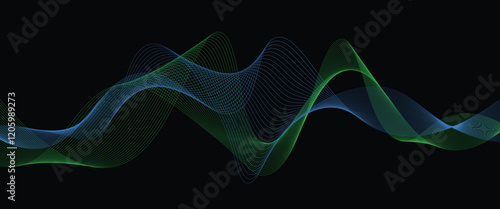 Vector abstract light lines wavy flowing dynamic in green colors isolated on black background.