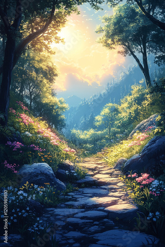 Sunlit Stone Path Through A Blooming Forest