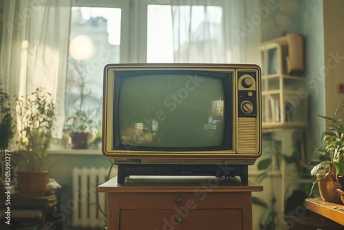 A retro TV set with static on the screen, sitting on a wooden stand, the scene filled with nostalgia and the charm of classic television. The TV captures a moment from the past.