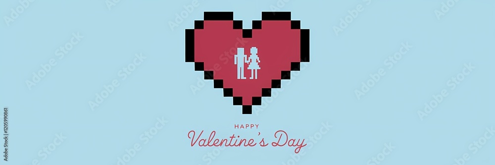 Obraz premium A creative minimalist Valentine's Day poster design with a pixel theme. The poster features a large red heart with a white border. Inside the heart, there's a silhouette of a couple holding hands