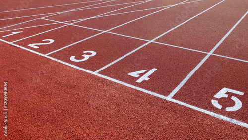 Numbers on the red running track of the garden. Starting field for sprint at the stadium. White stripes and numbers on the red track, close-up. Running track at the stadium for competitions.