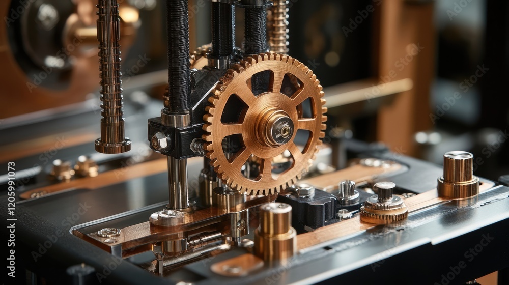 Fototapeta premium Polished copper gear rotating smoothly within a complex assembly of machinery, showcasing precision engineering and industrial mechanics in a close up view