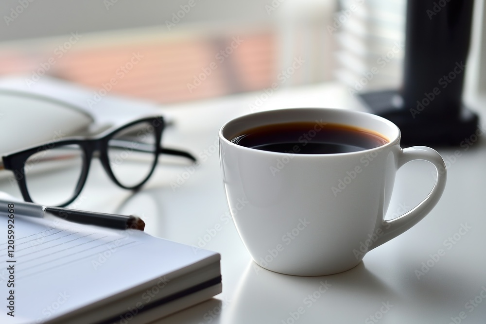 Warm coffee cup resting on a desk beside glasses and notebook Warm coffee cup resting on a desk beside glasses and notebook