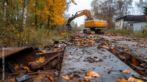 Excavator Working on Abandoned Railway Amid Autumn Leaves and Rust