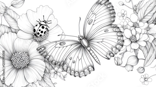 Detailed line drawing of a butterfly and a ladybug surrounded by flowers and foliage