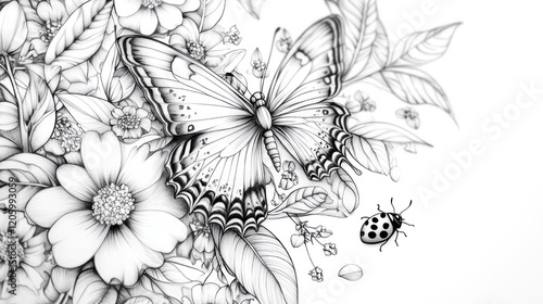 Wallpaper Mural Detailed Line Art of a Butterfly and Ladybug Amidst Flowers and Leaves on a White Background Torontodigital.ca