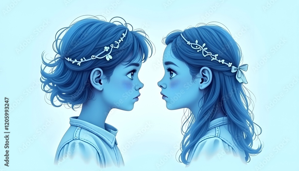 Blue-toned portrait of two girls facing each other with floral headbands for artistic expression Blue-toned portrait of two girls facing each other with floral headbands for artistic expression