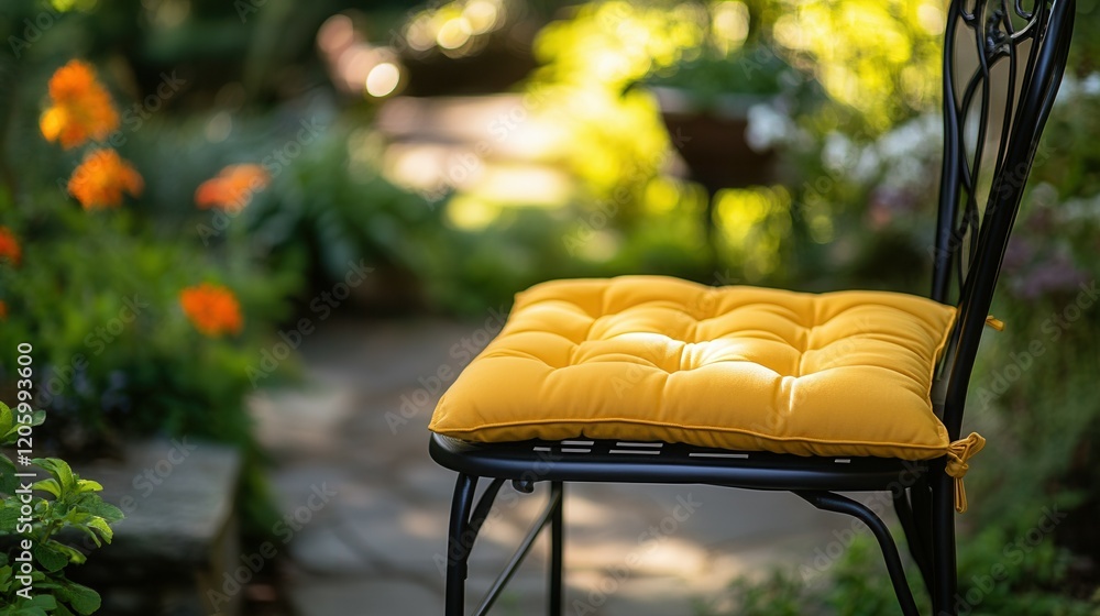 Naklejka premium Vibrant yellow quilted chair pad on outdoor metal chair in garden setting.