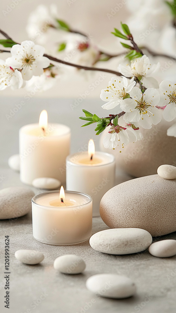 Calming candles and flowers create serene atmosphere Calming candles and flowers create serene atmosphere