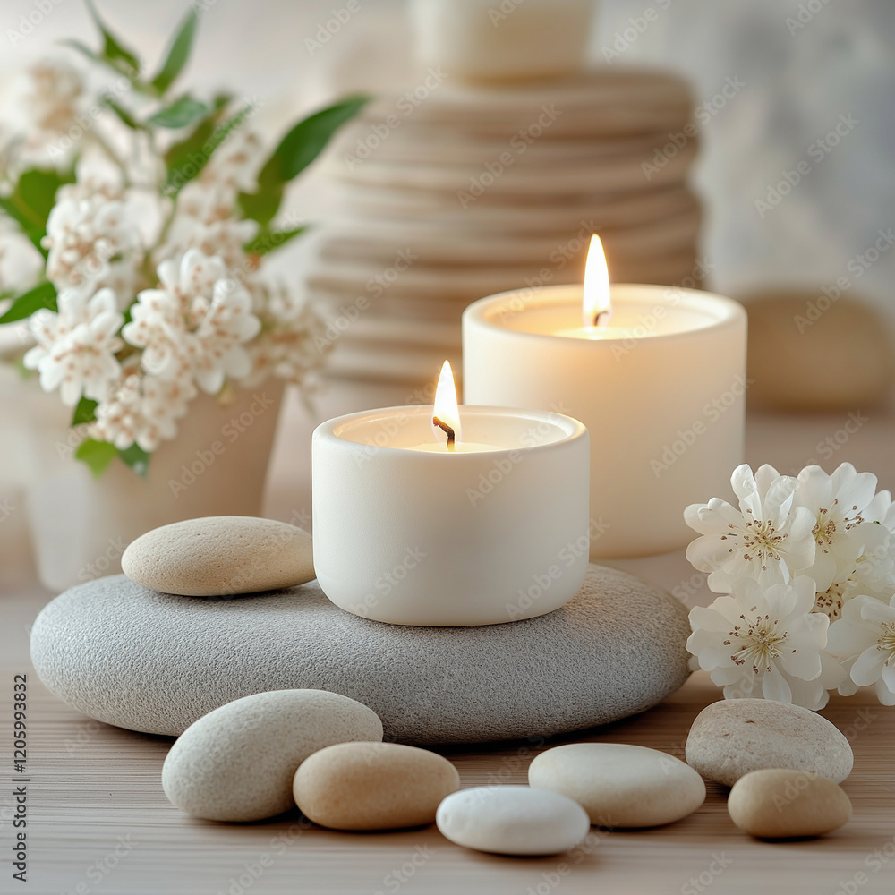 Serene candles on stones with flowers create calming atmosphere Serene candles on stones with flowers create calming atmosphere