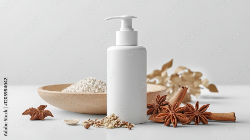 Bottle of lotion beside assorted spices on a wooden surface for natural skincare and aromatherapy Bottle of lotion beside assorted spices on a wooden surface for natural skincare and aromatherapy