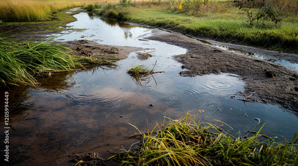 Rural Landscape with Overflowing Stream Through Green Field at Sunset Rural Landscape with Overflowing Stream Through Green Field at Sunset