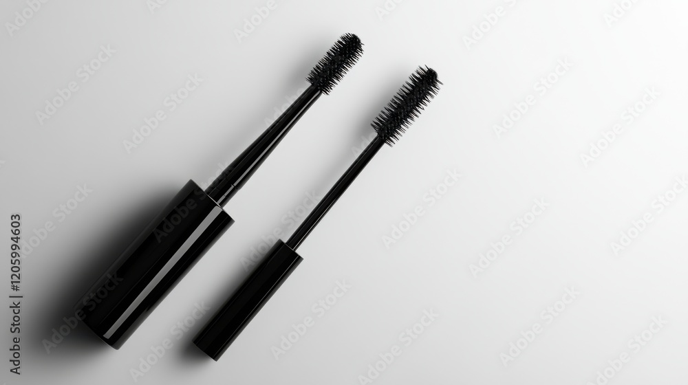 Close up of black mascara tube and brush on white background showcasing beauty product for eyelashes and makeup application Close up of black mascara tube and brush on white background showcasing beauty product for eyelashes and makeup application