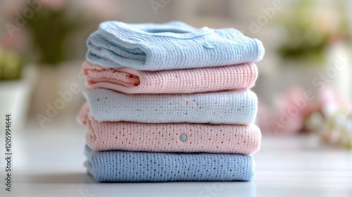 Wallpaper Mural Stack of assorted baby clothes including onesies shirts and pants neatly folded in a nursery setting Torontodigital.ca