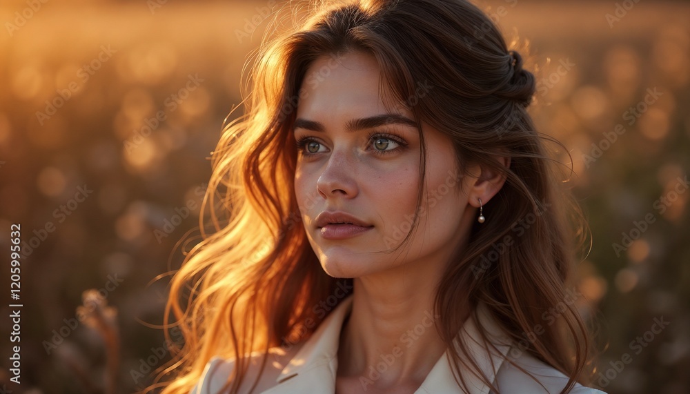 Obraz premium Stunning portrait of a young woman with flowing hair in a sunset field, serene mood 