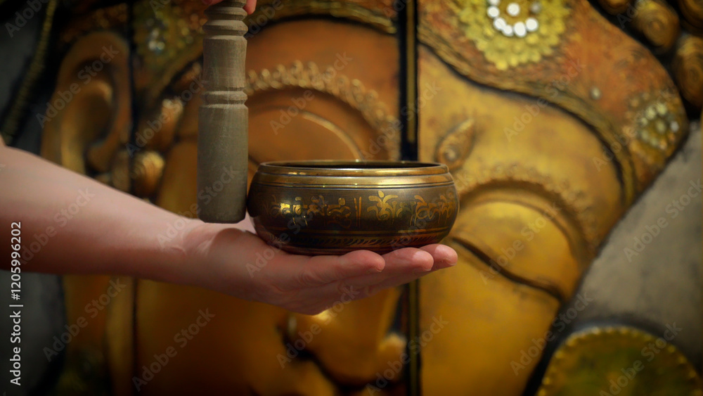 Hands playing tibetan singing bowl in front of buddha statue